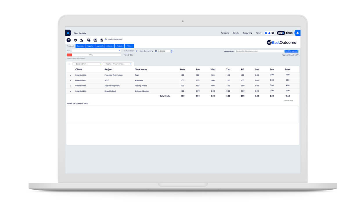 a screenshot of our timesheet tools dashboard, pm3time