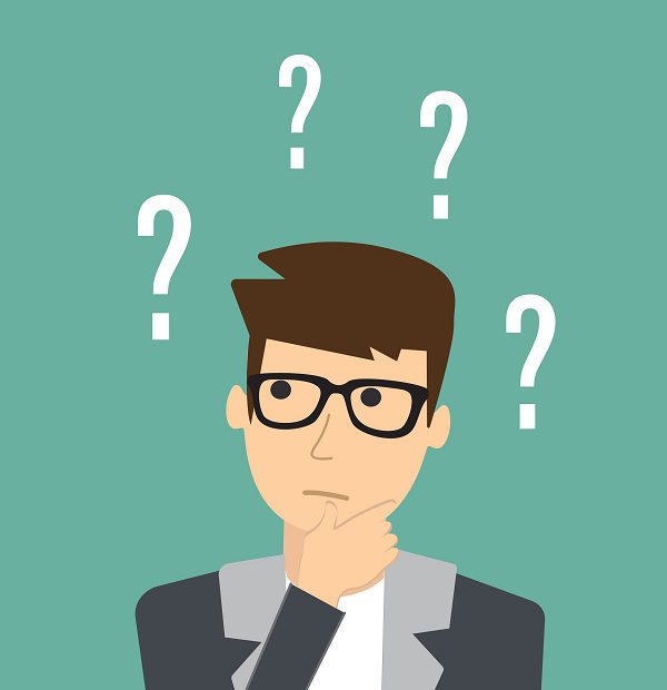 A cartoon drawing of a man with dark hair and glasses thinking carefully with question marks above his head